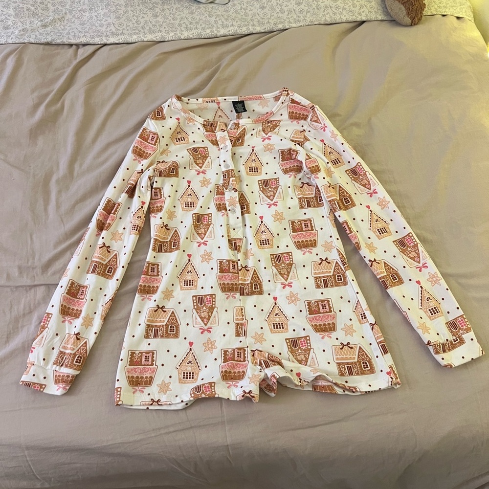 Festive Long Sleeve Blouse with Gingerbread Print